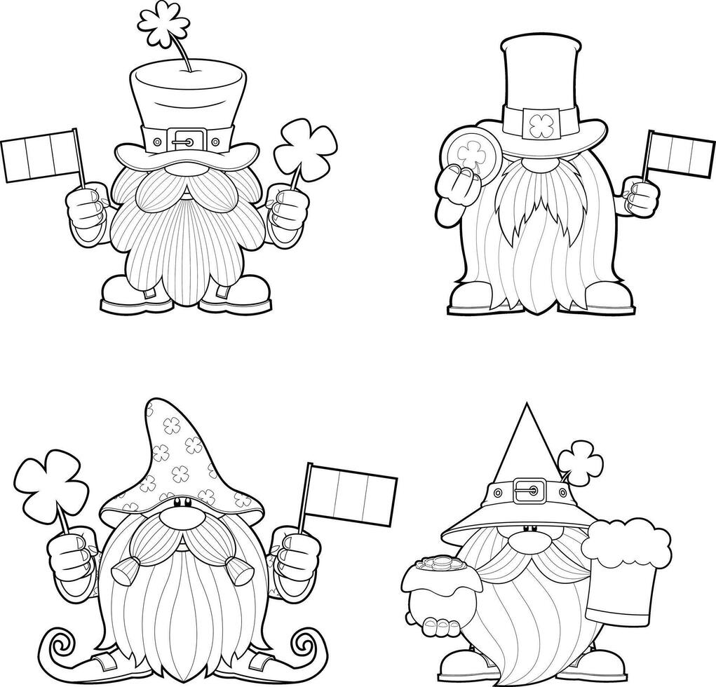Outlined St. Patrick's Day Gnomes Cartoon Characters In Different Poses. Hand Drawn Collection Set vector