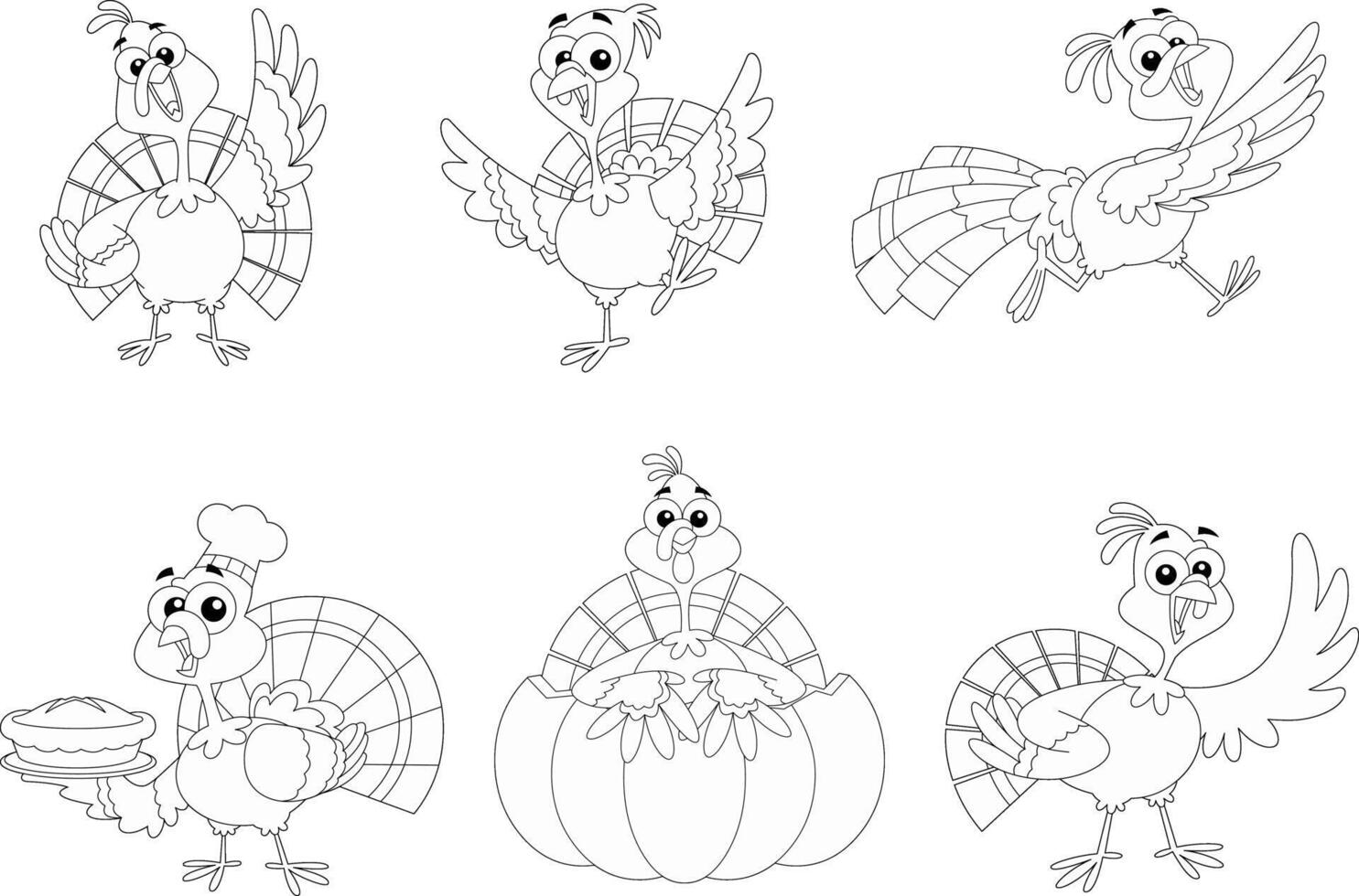 Outlined Turkey Baby Cartoon Character In Different Poses. Hand Drawn Collection Set vector
