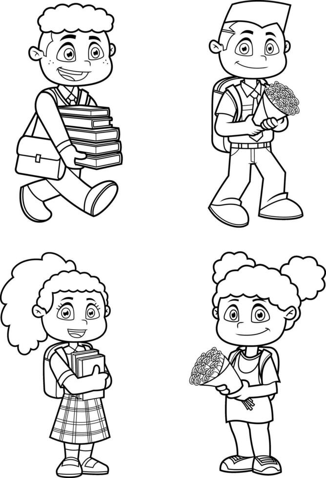 Outlined School Kid's Cartoon Characters In Different Poses. Hand Drawn Collection Set vector