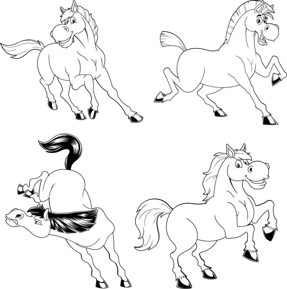 Outlined Amazing Horses Cartoon Mascot Characters. Collection Set vector