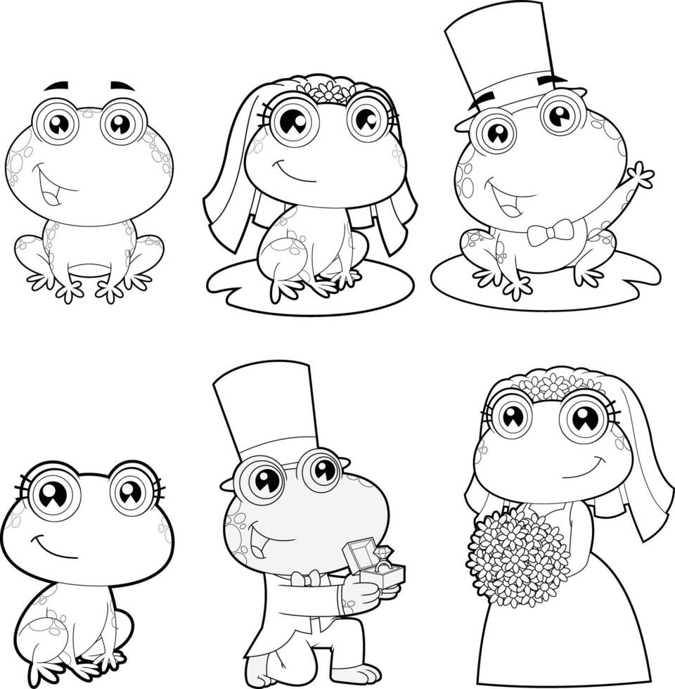 Outlined Cute Frogs Cartoon Characters Newlyweds. Hand Drawn Collection Set Isolated On Transparent Background vector