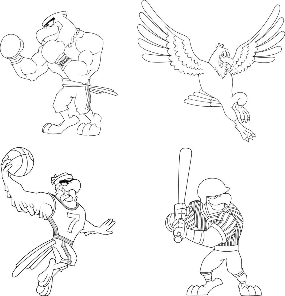 Outlined Eagle Cartoon Characters. Collection Set vector
