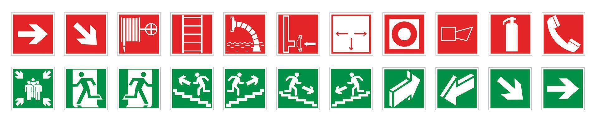 Signs of actions in case of emergency and fire. Emergency gathering place, actions in case of fire, first aid symbols. vector