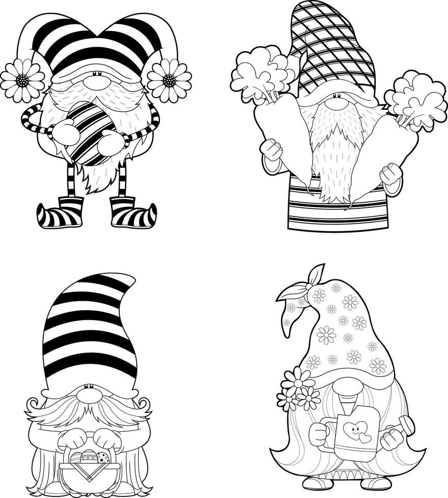 Outlined Cute Spring Gnomes Cartoon Characters In Different Poses. Hand Drawn Collection vector