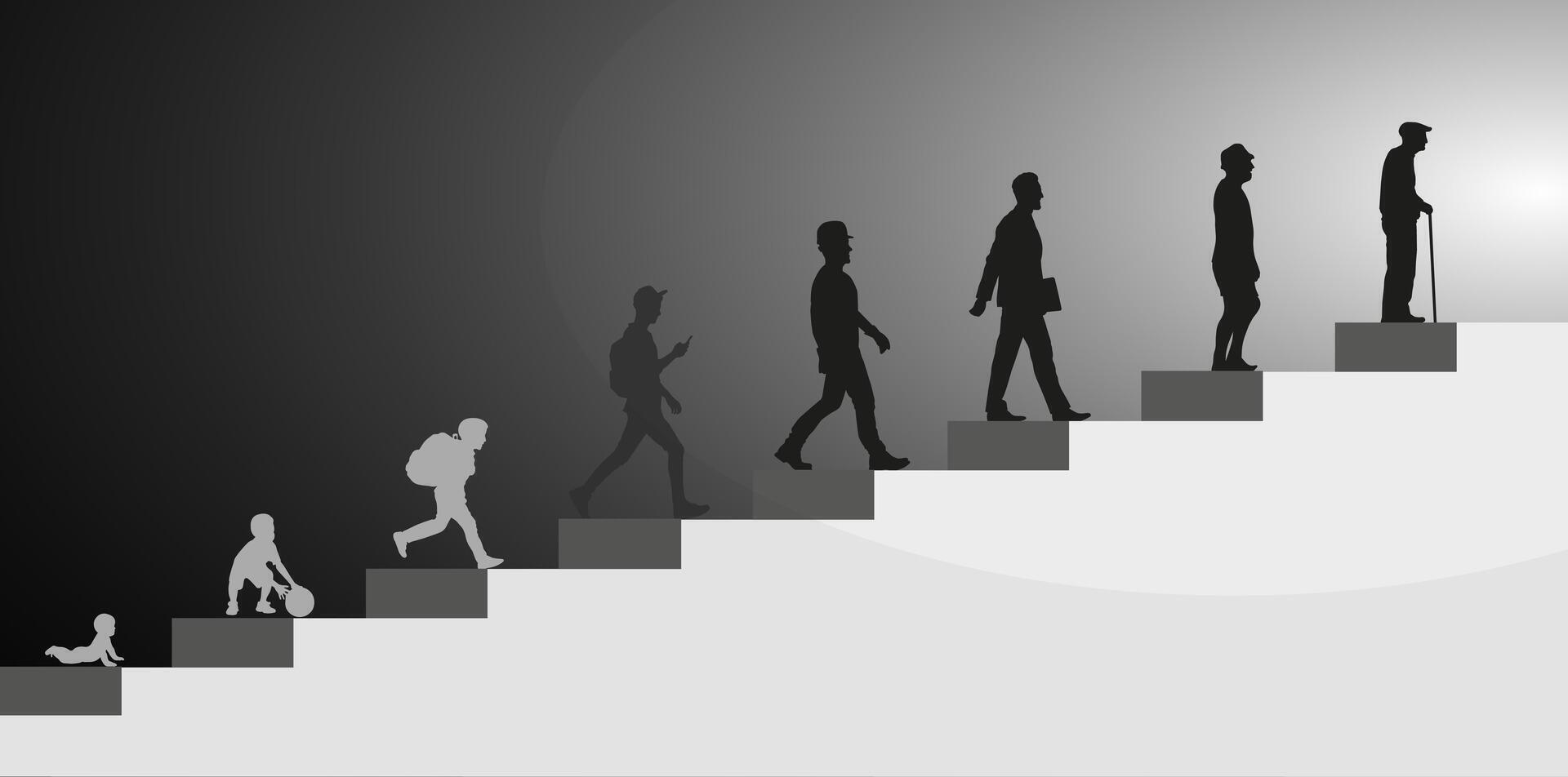 Men, stages of development. Silhouettes on stairs going towards the light. The speed of life. vector