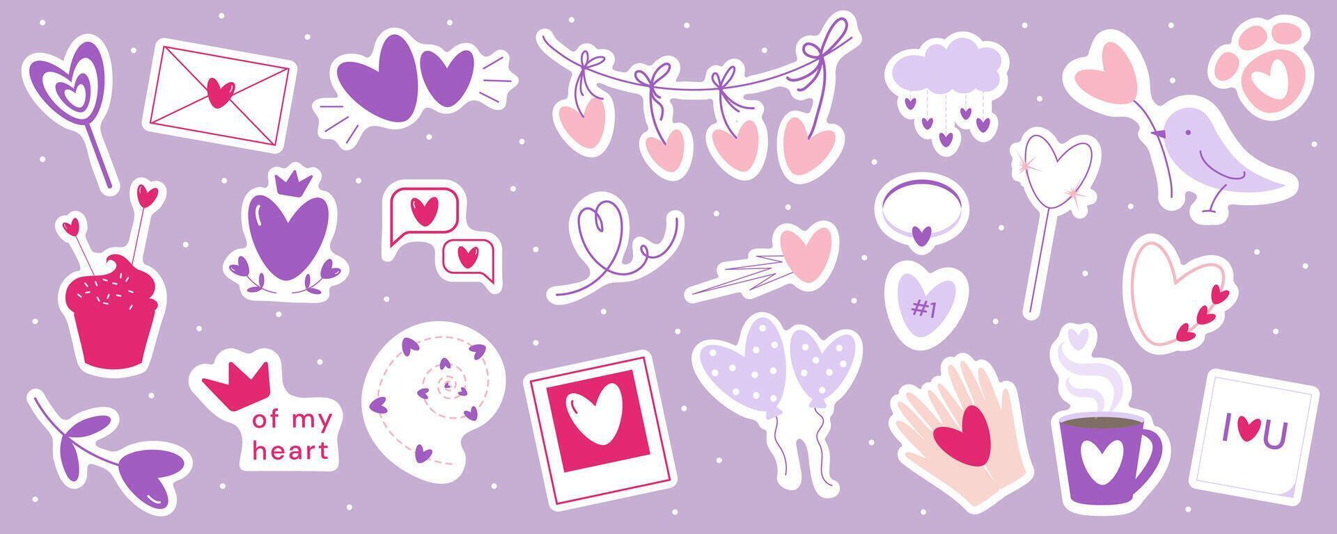 set Valentines day, love season stickers with heart balloons, bird with flower, cat paw, holding hands, cup, garland, sparkler, chat bubble, cloud, asteroid, letter, photo card, crown, lollypop vector