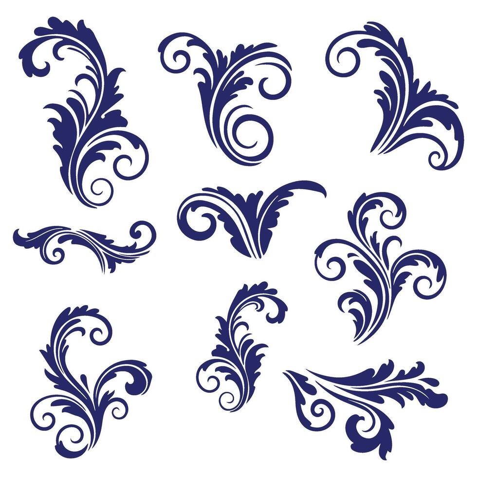 Swirl Ornament Set with Elegant Floral Illustrations vector