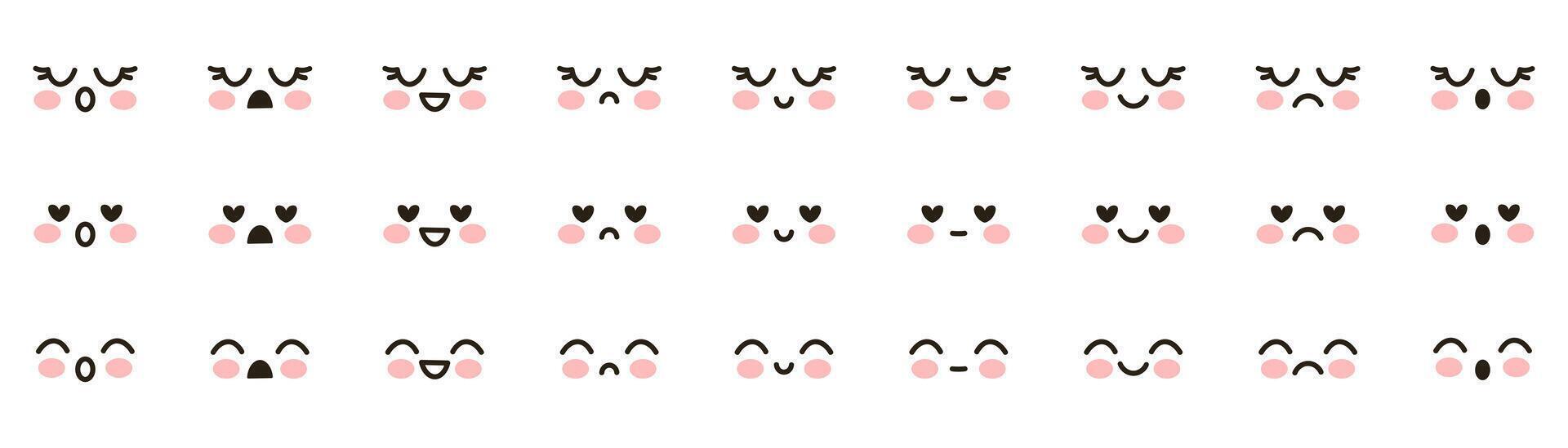 Set of cute kawaii emoji. adorable expressive faces, emoji. Cute faces happy, smiling, sad and angry - for kawaii cartoon doodle design Chibis isolated on white background vector