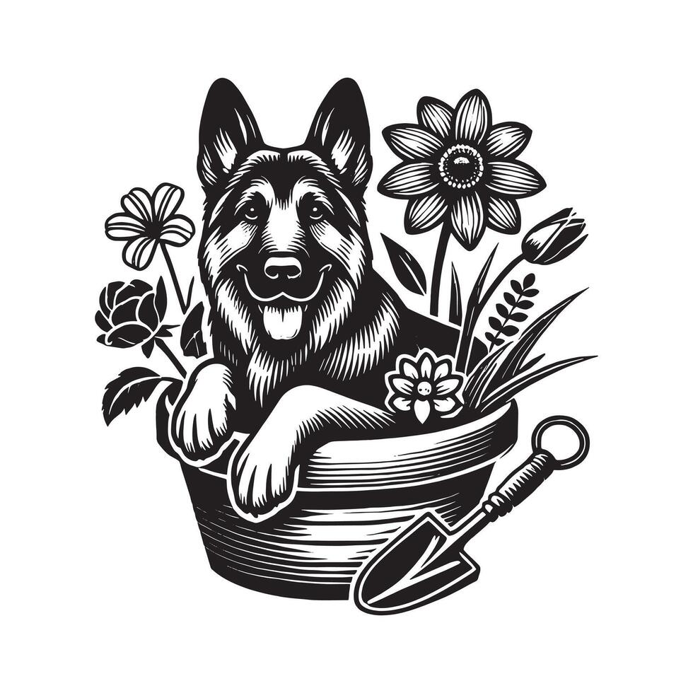 German Shepherd In A Flower Design Silhouette vector