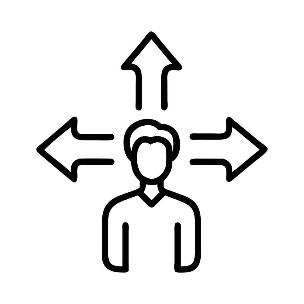 Businessman must choose between three different options indicated by arrows pointing in opposite vector