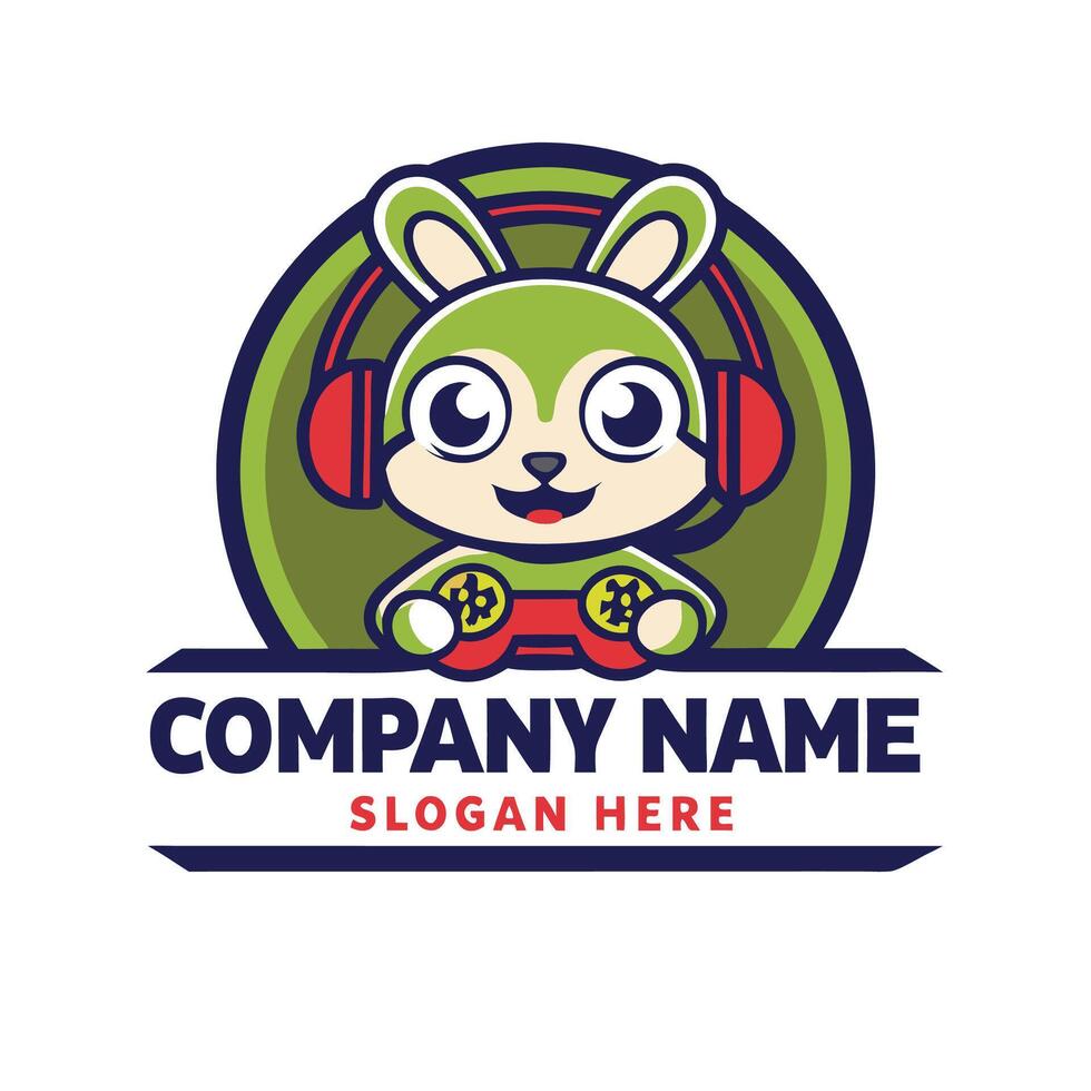 a cute bunny wearing headphones and holding a controller logo vector