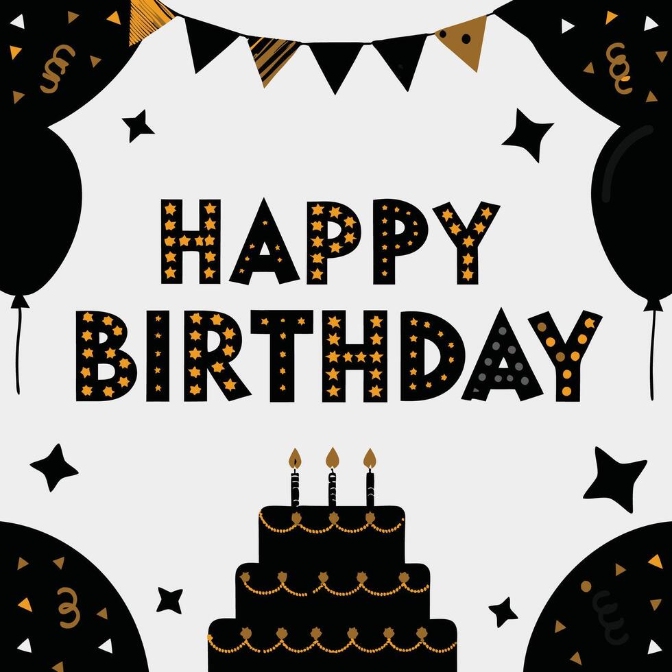 happy birthday card with cake and balloons, vector