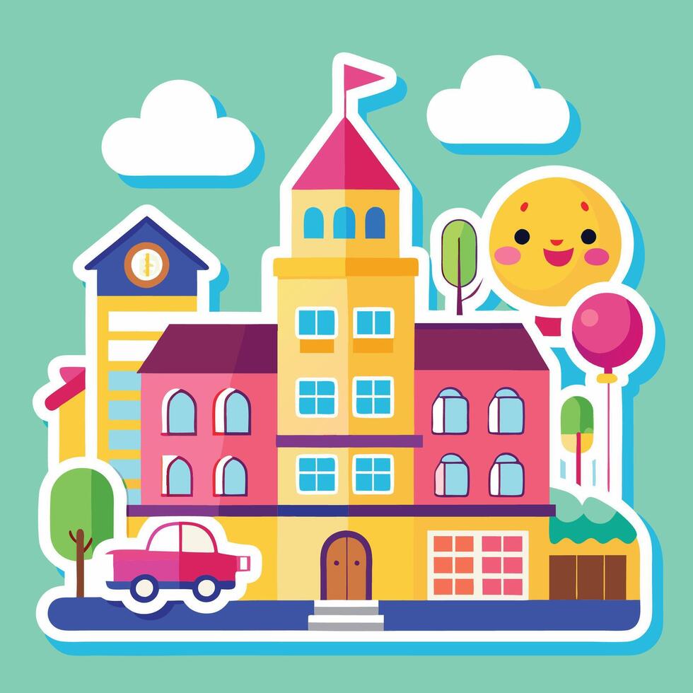 a cartoon house with a car and balloons vector