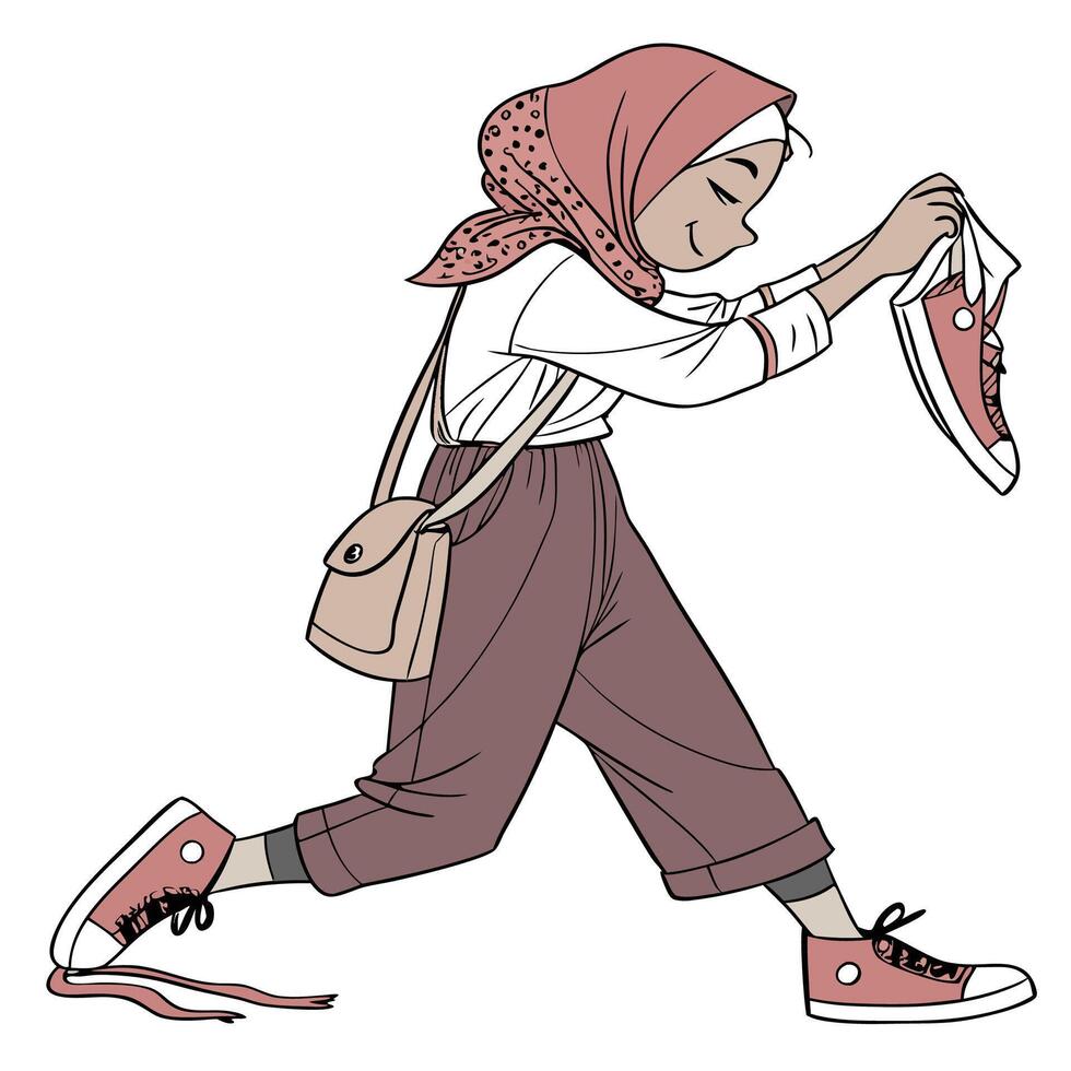 a cartoon woman wearing a hijab is walking with a pair of shoes vector