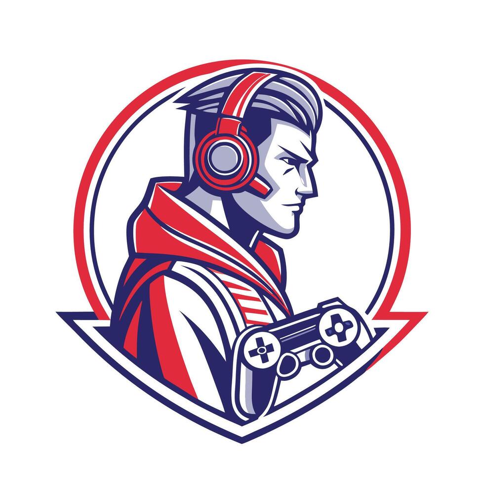 mascot icon illustration of a gamer with headphones holding a controller set inside shield on isolated background vector