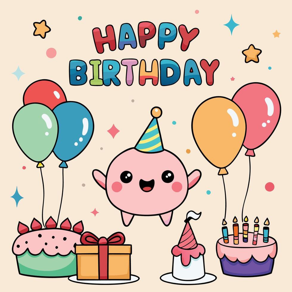 happy birthday card with cute cartoon character illustration vector