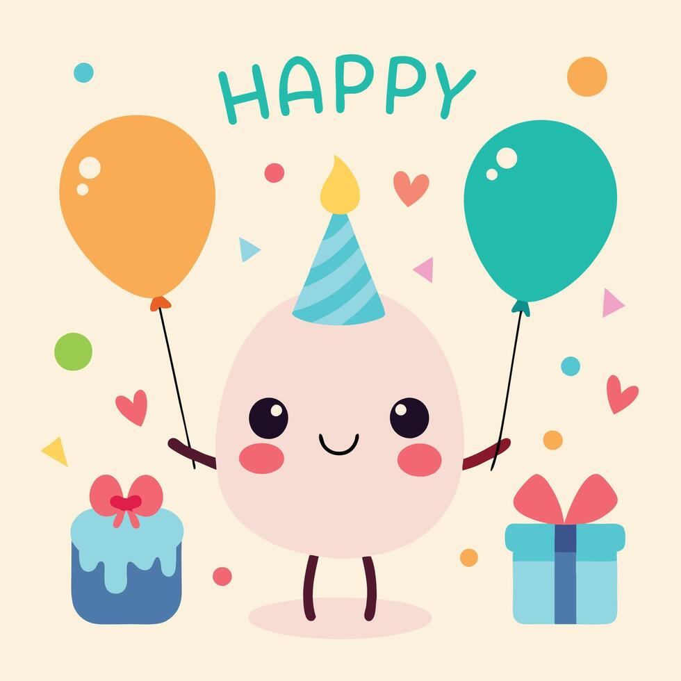 happy birthday card with cute cartoon egg, balloons and gifts vector