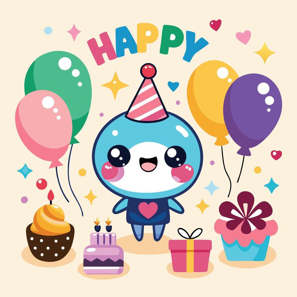 happy birthday card with cute cartoon shark vector