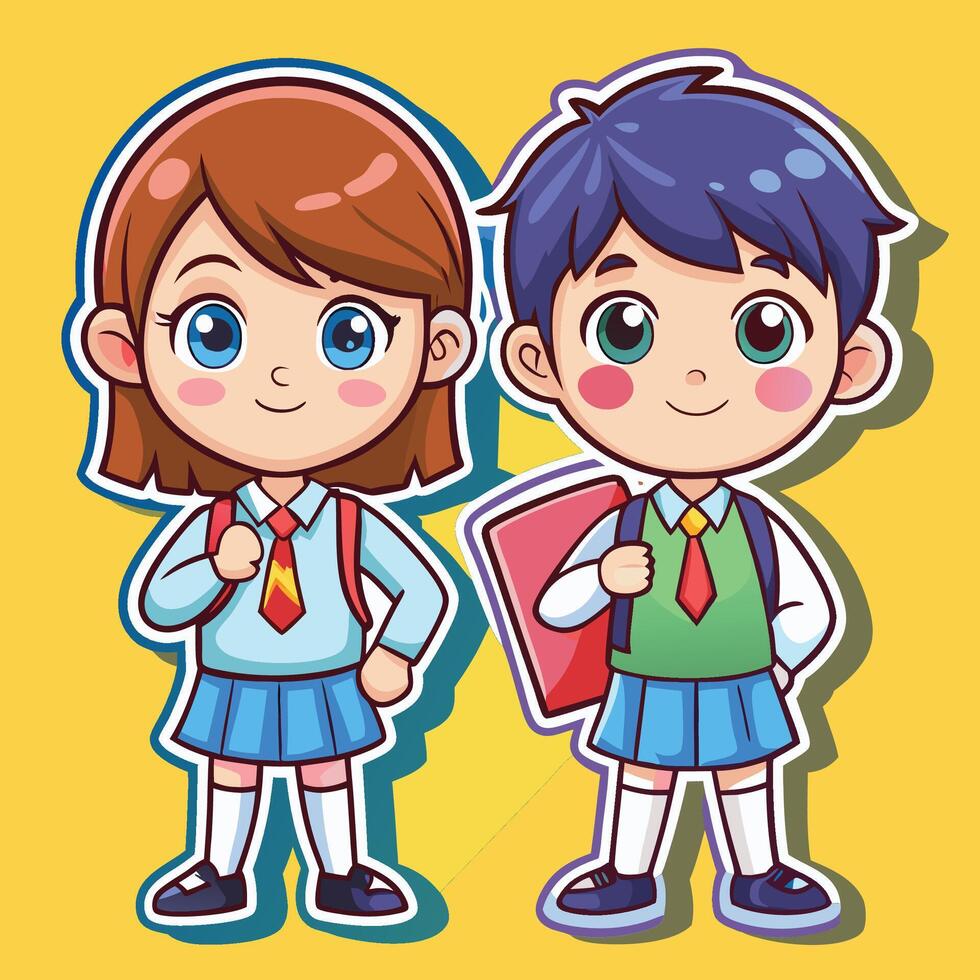 sticker of school girl and boy with backpack vector