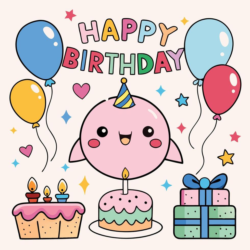 happy birthday card with cute cartoon whale vector