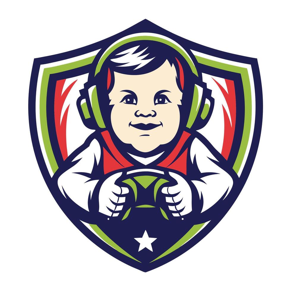 mascot icon illustration of a baby boy playing with a steering wheel in a car shield on vector