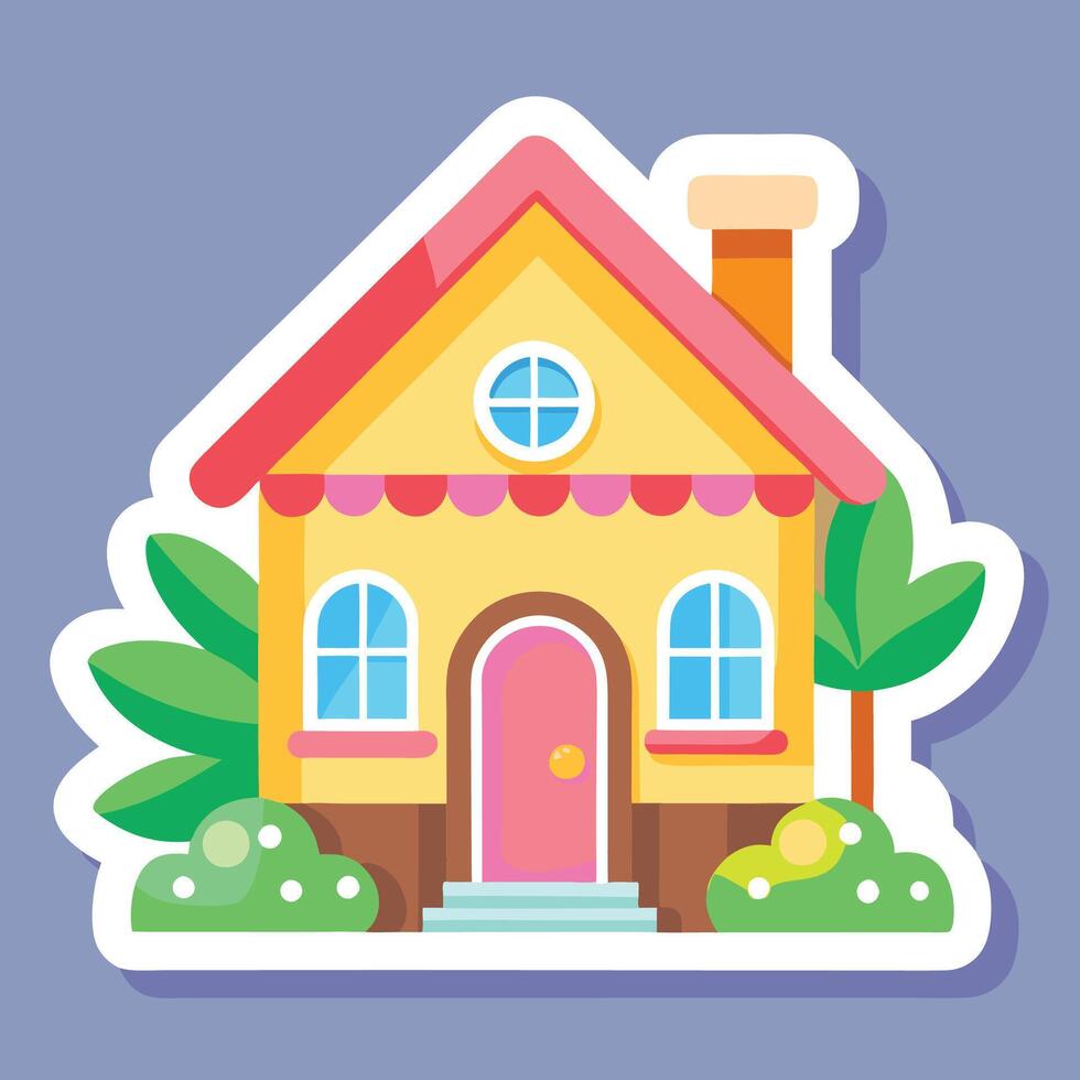 a sticker of a house with a tree and bushes vector