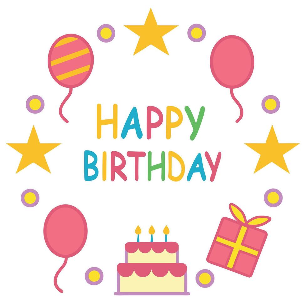 happy birthday card with balloons and gifts , vector