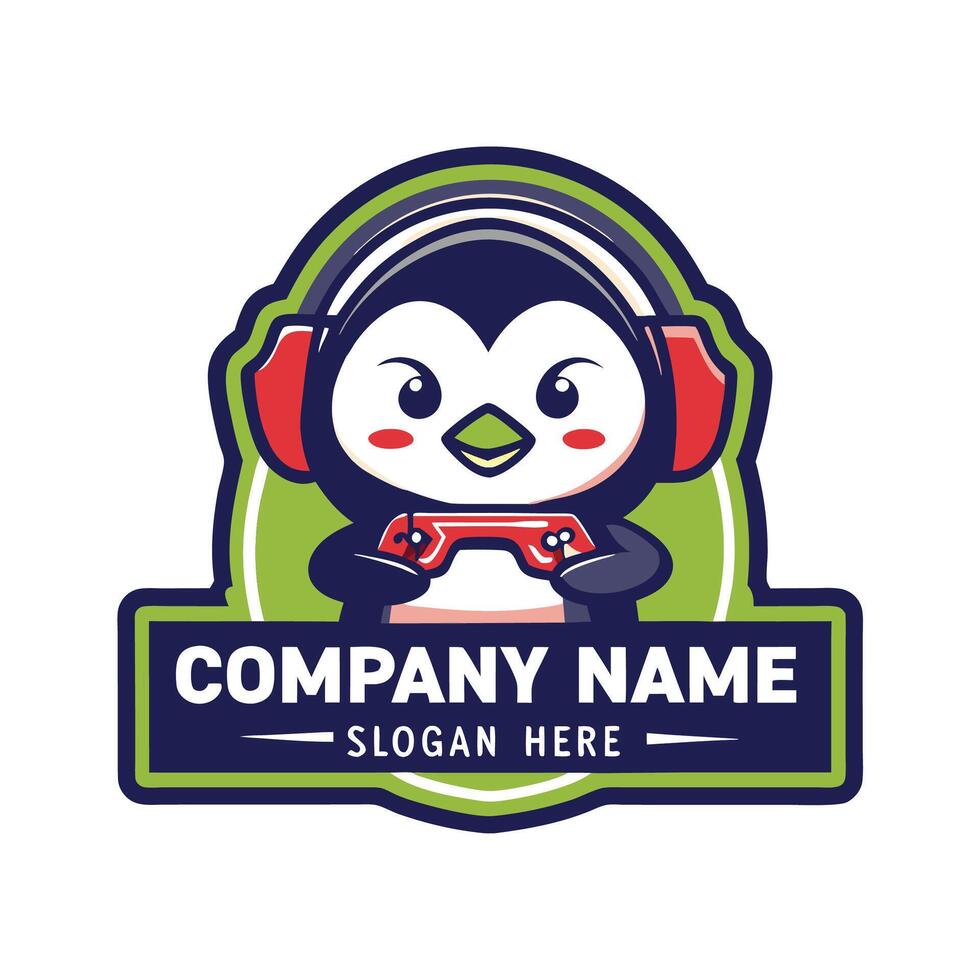 a penguin wearing headphones and holding a controller vector