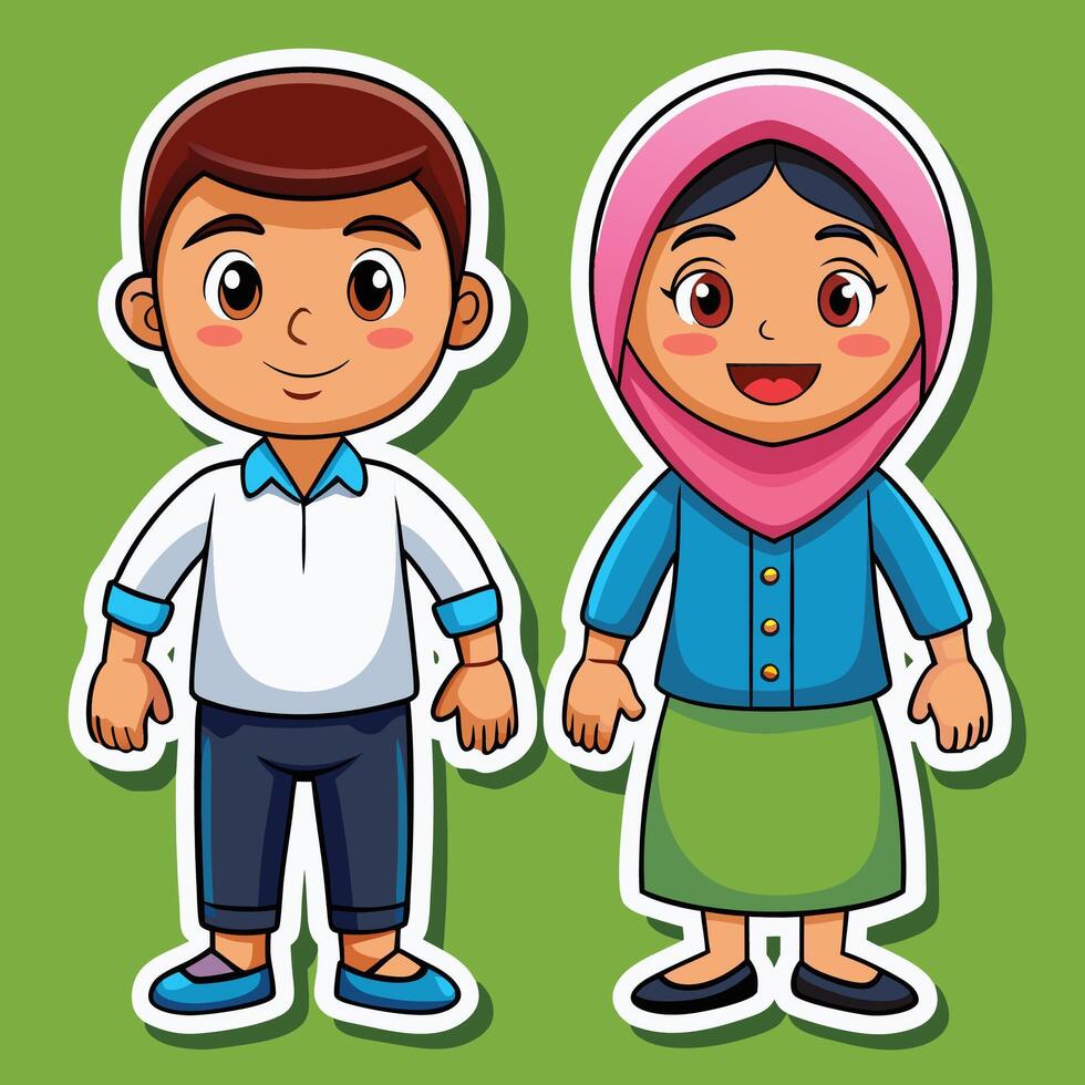 muslim boy girl cartoon illustration vector