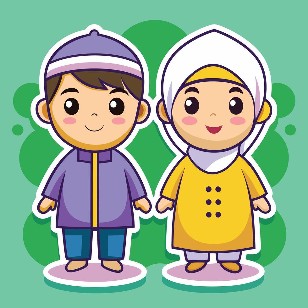 muslim boy girl in traditional clothes vector