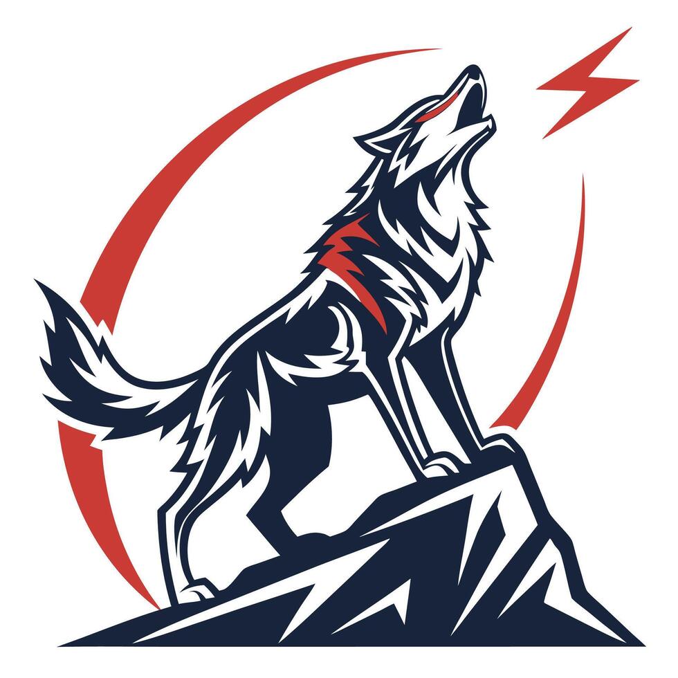 wolf howling on mountain top with lightning bolt illustration vector