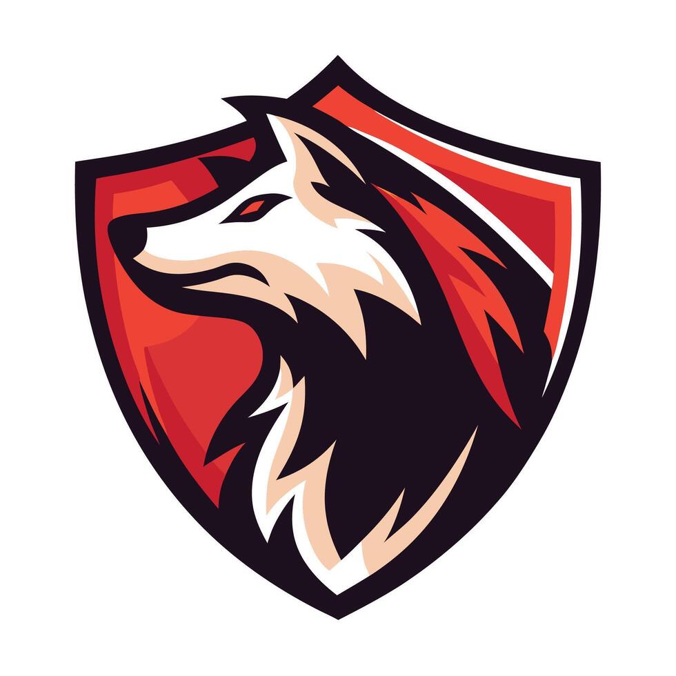 a wolf head on a red and black shield vector