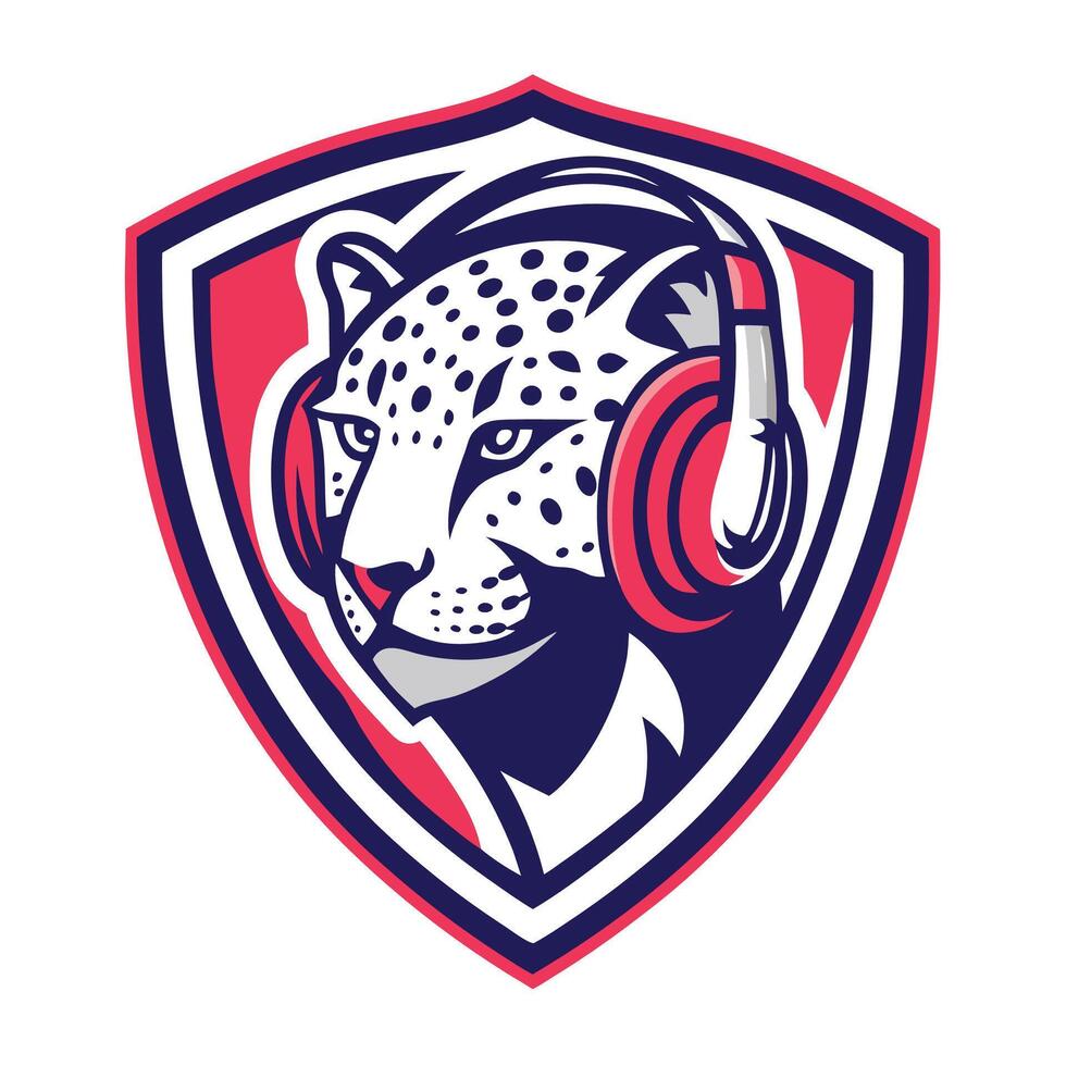 a leopard wearing headphones in a shield vector