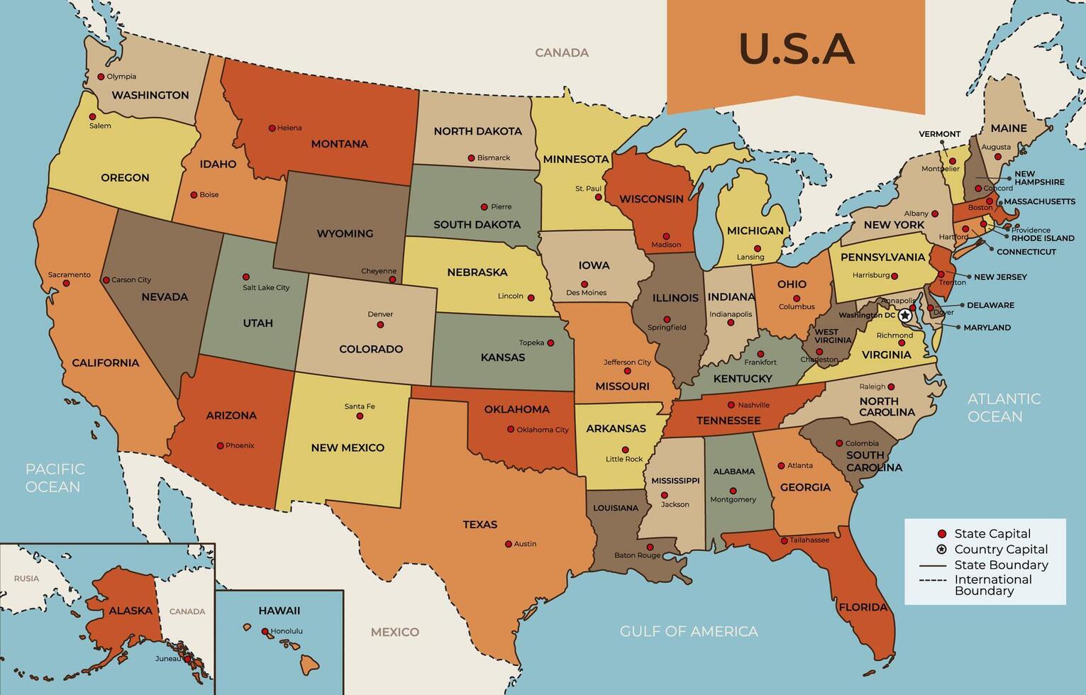The United States Map With Names - United State And Gulf Of America Map With State Names And Capitals Vector