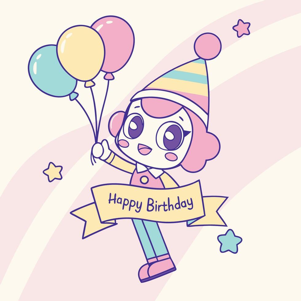 happy birthday card with a cartoon clown holding balloons vector
