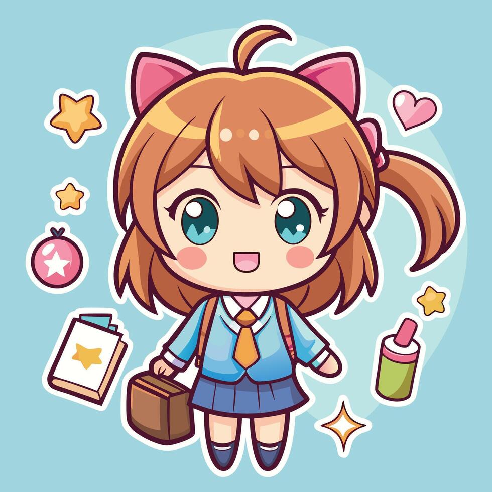 a cartoon girl with a backpack and school supplies vector