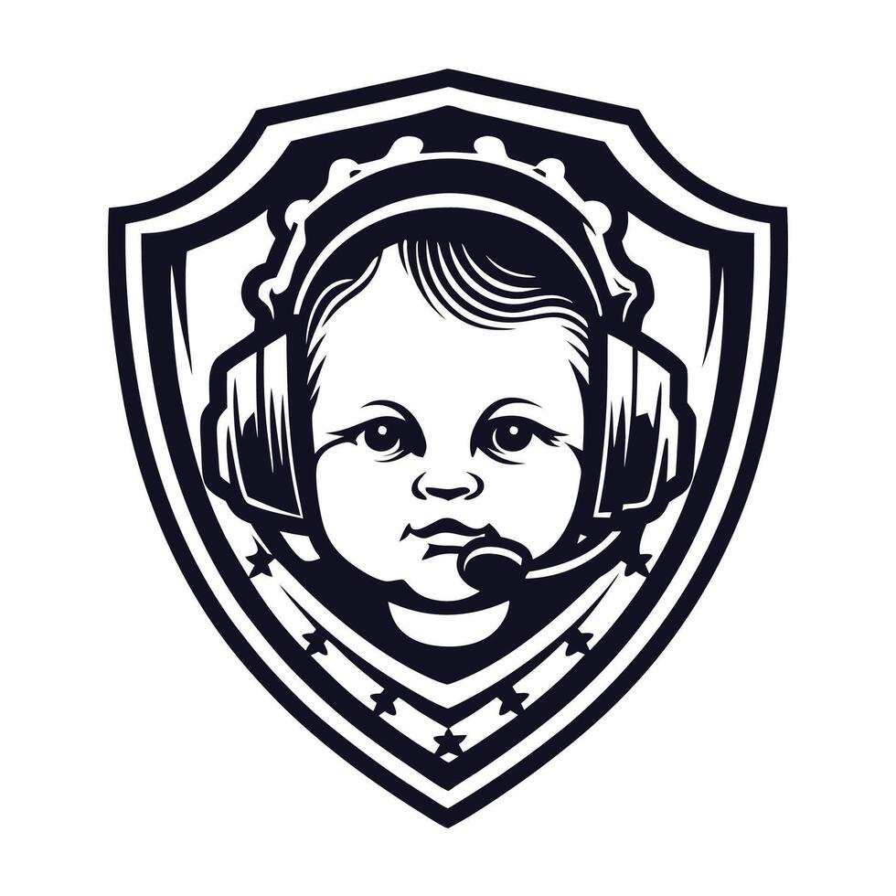 a baby wearing headphones in a shield design art vector