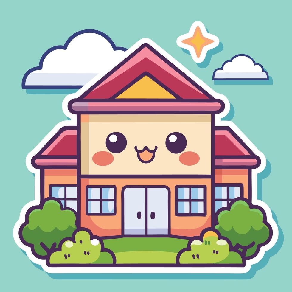 a cartoon house with a smiling face and clouds vector