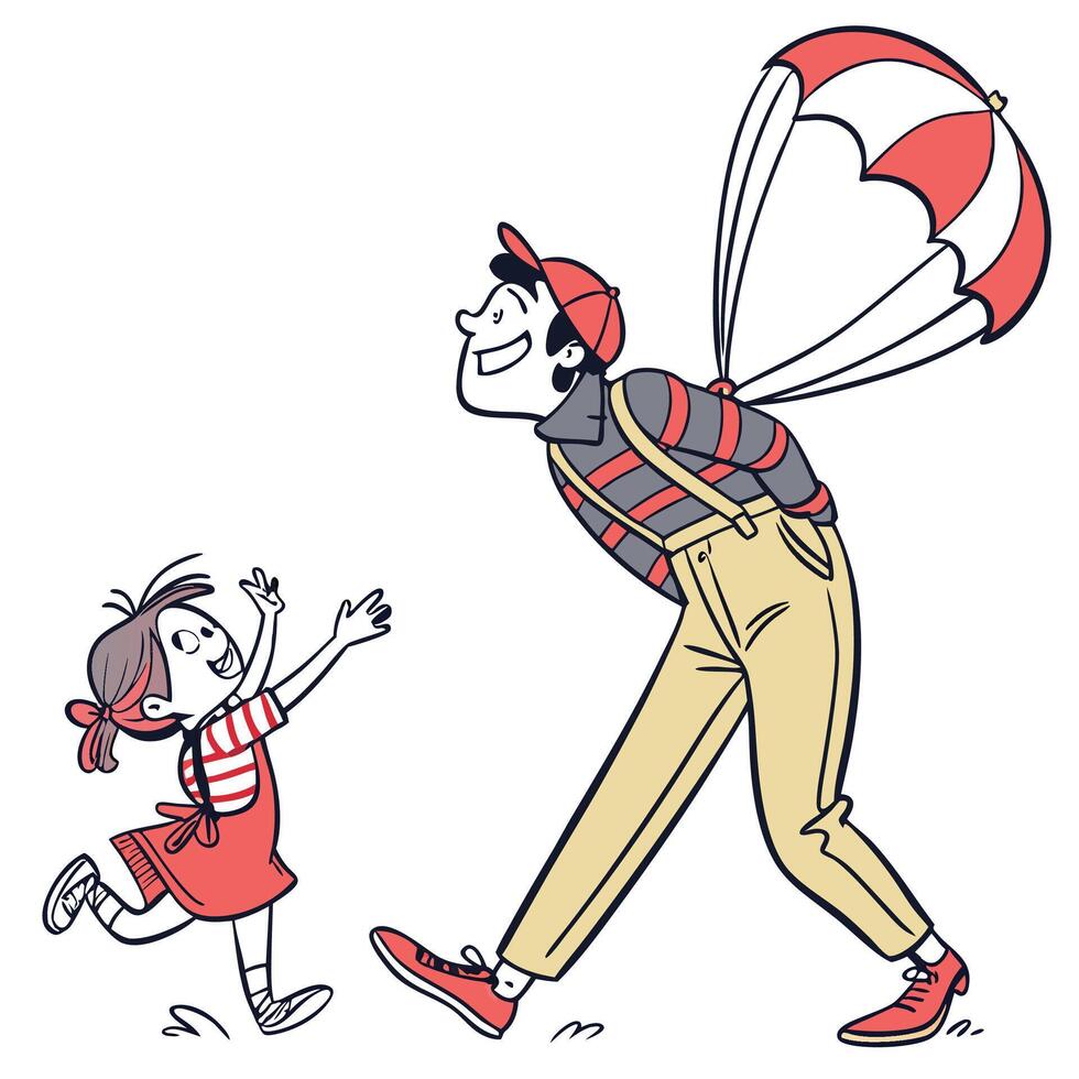 a man and a little girl are flying a parachute vector