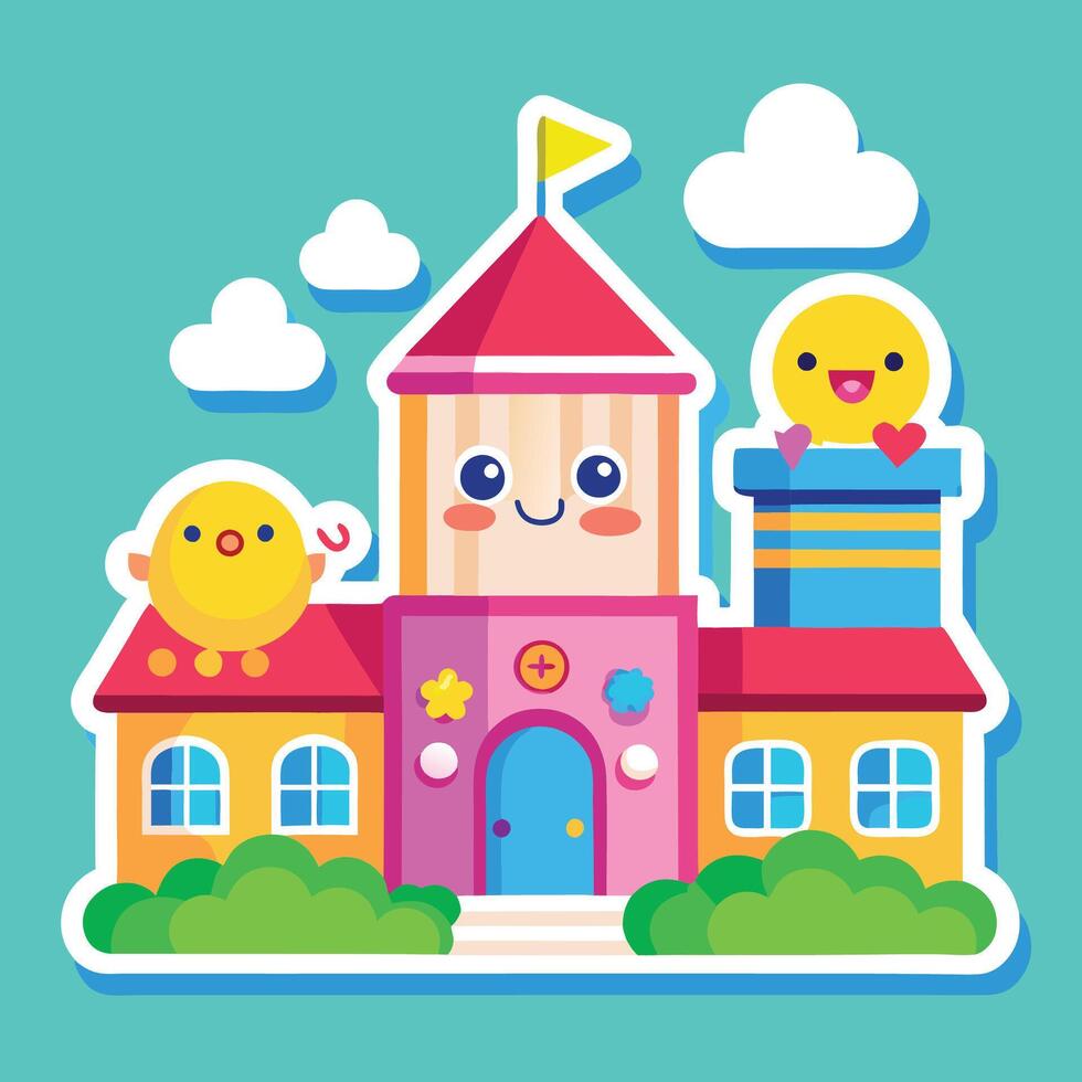 school building with cute birds and a bird on top vector