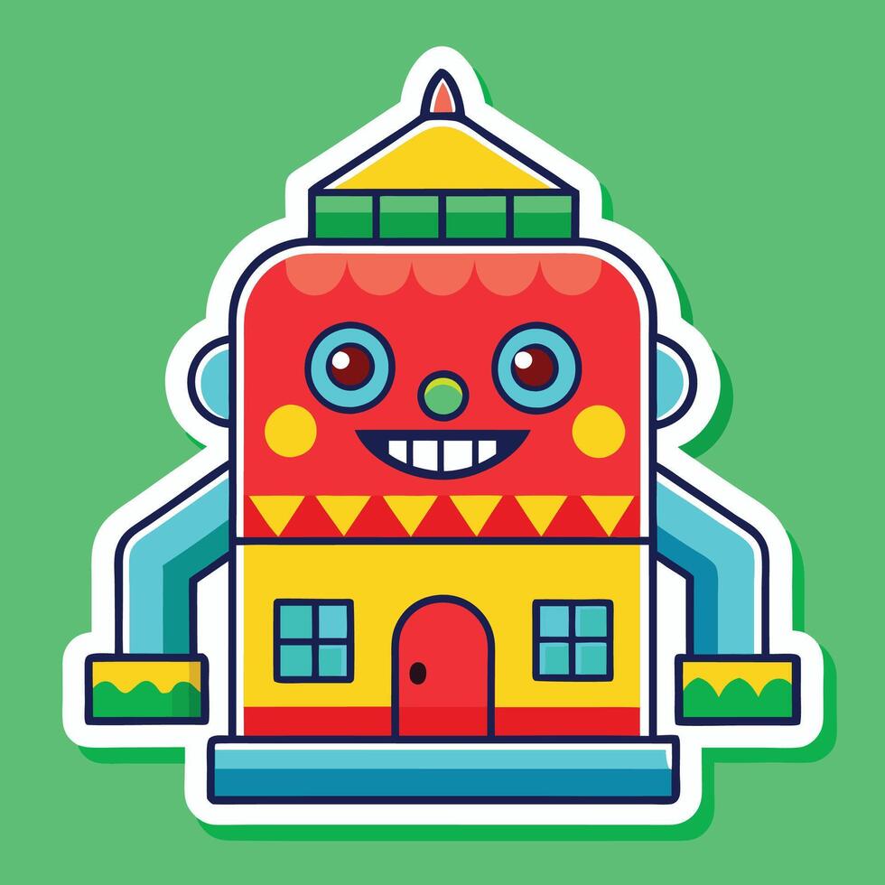 a sticker of a robot with a house on it vector