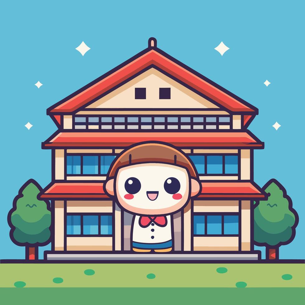a cartoon character standing in front of a school building vector