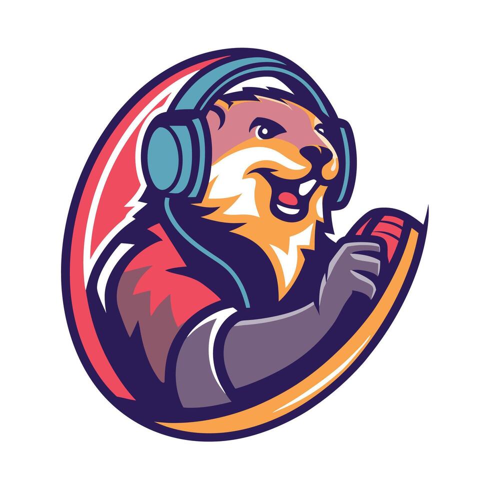 an otter wearing headphones and holding a microphone vector