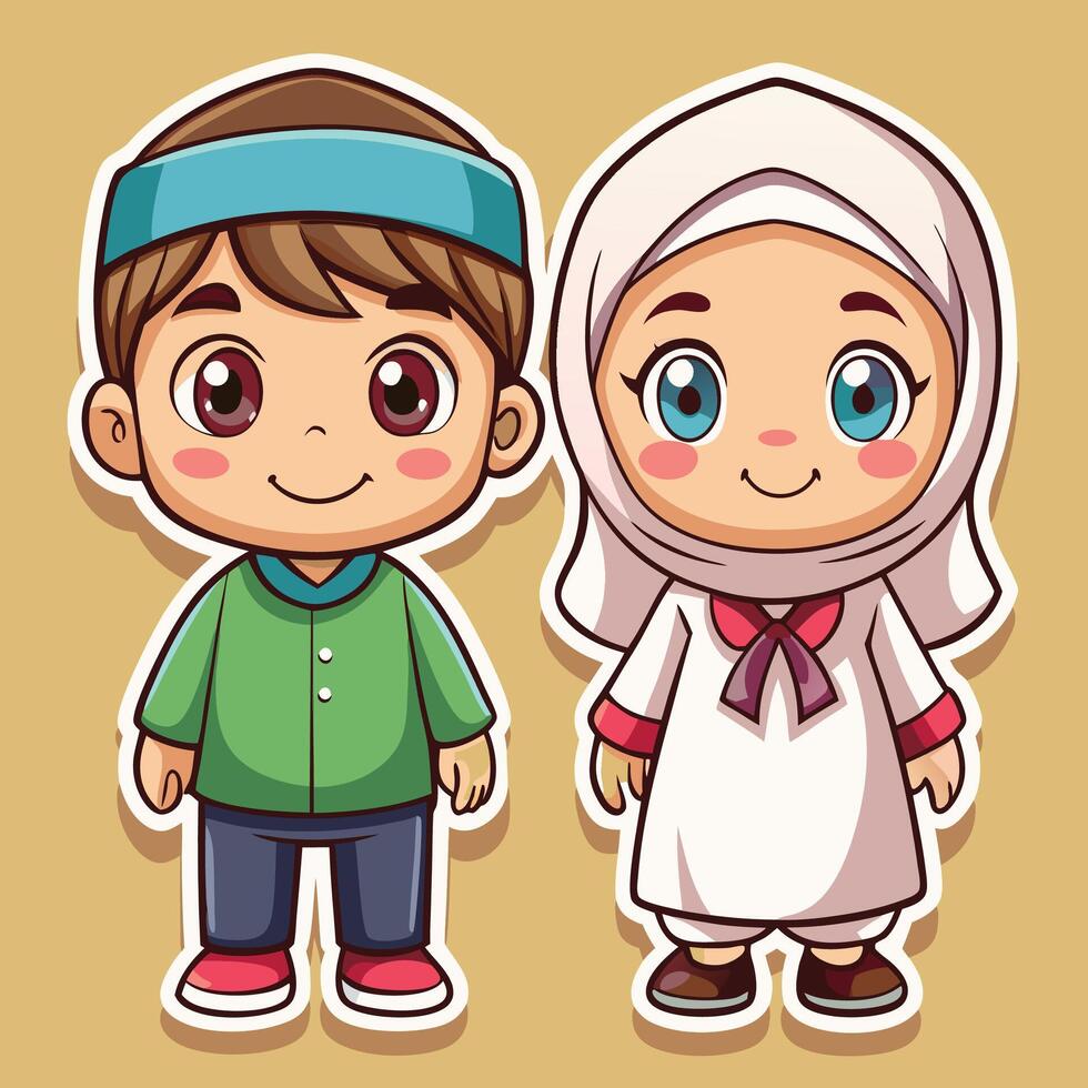 cartoon muslim boy and girl in vector