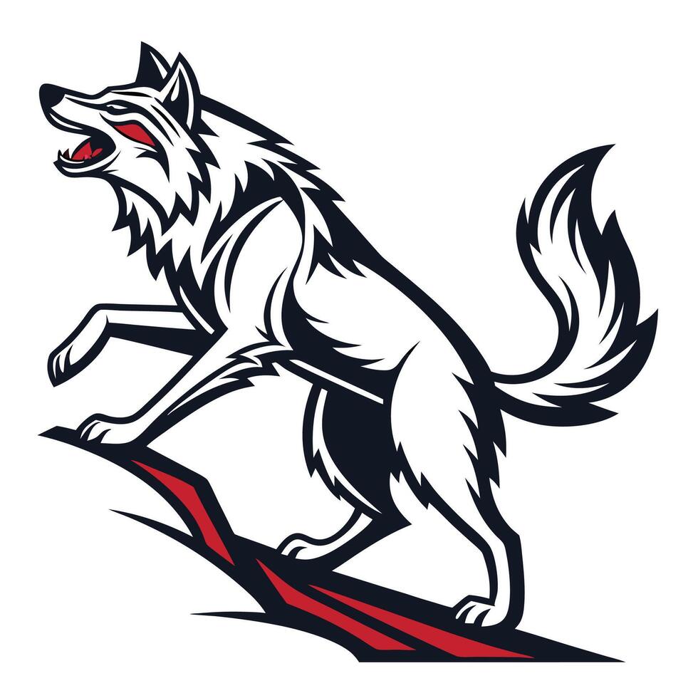 a wolf is standing on a rock with its mouth open vector