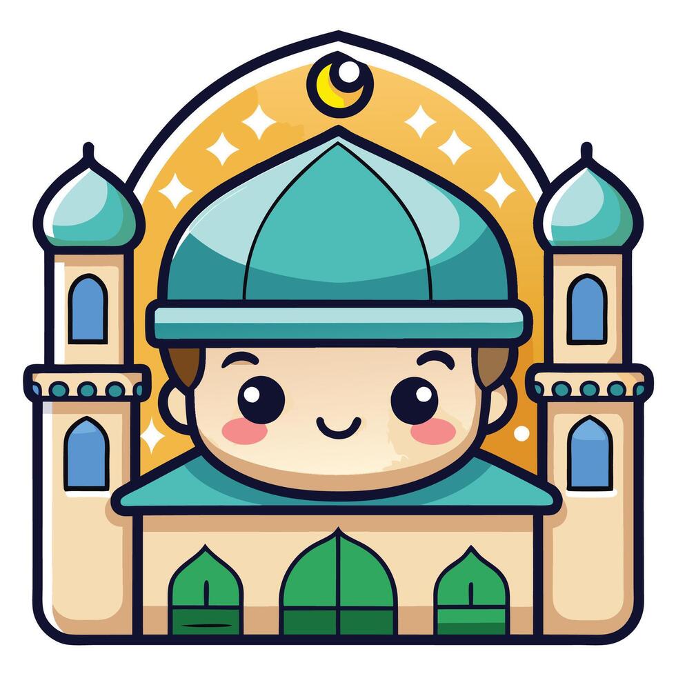 cartoon muslim boy with a mosque in the background vector
