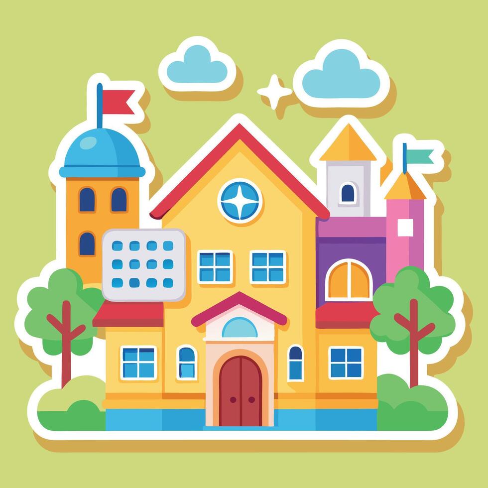 school building with a clock and a tree vector