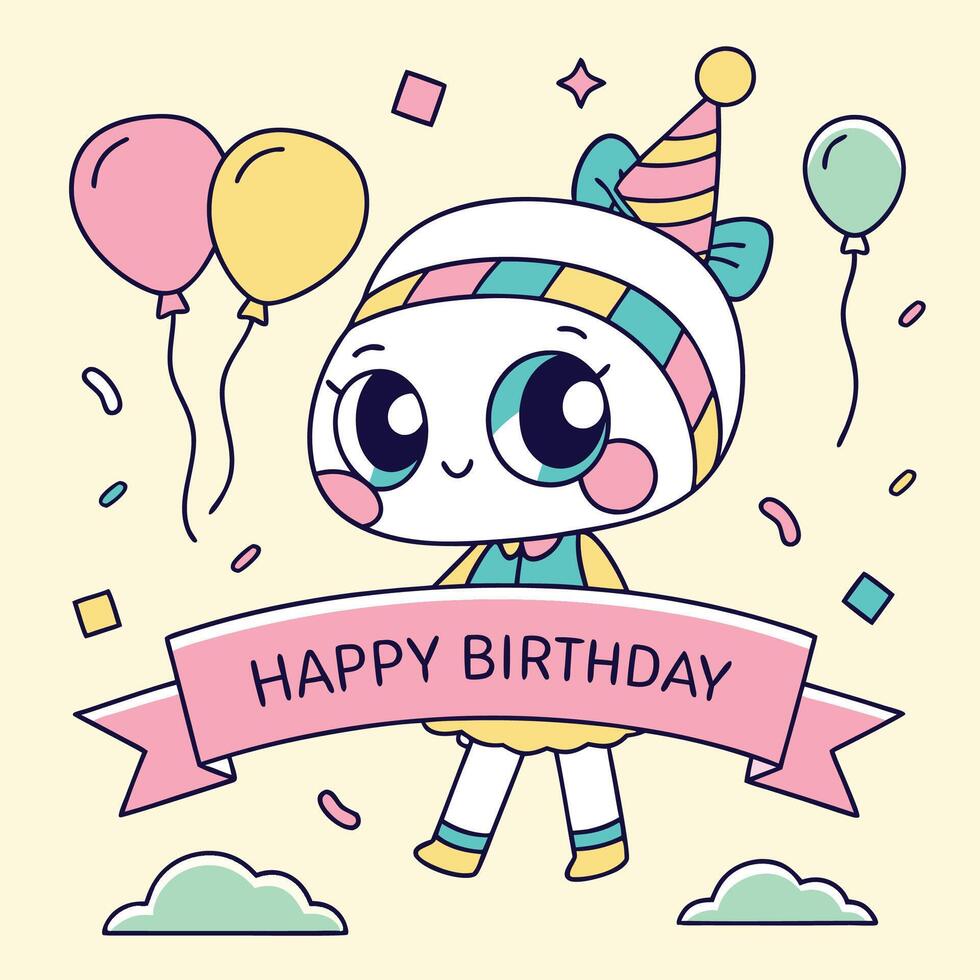 happy birthday card with cute cartoon character design art design art vector