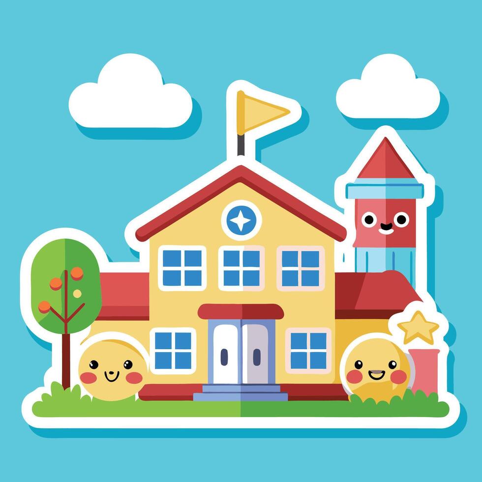 school building with cute characters and a clock tower vector