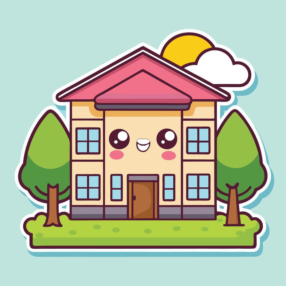 a cartoon house with a sun and trees vector